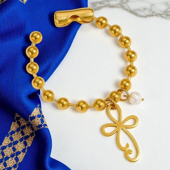 🆕️24K Gold Plated Stainless Steel Bracelet Unique Cross Charm Freshwater Pearl - Picture 4 of 14